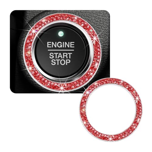Image of Car Bling Crystal Rhinestone Engine Start Ring Decals, Sparkling Diamond Car Push Start Button Ignition Ring Sticker, Auto Key Ignition Knob Ring Decoration for Women Girls (Red)
