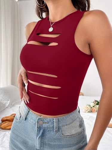 Image of LovelyWholesale Women Sexy Cut Out Crop Tank Tops Crew Neck Summer Sleeveless Top