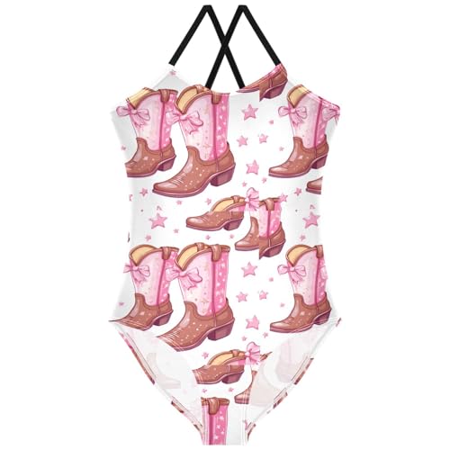 Pigsaly Girls One Piece Swimsuits Brown Cowgirl Boots Pink Bows Kids Cross Back Swimwear Toddler Beach Sport Bathing Suit 3T