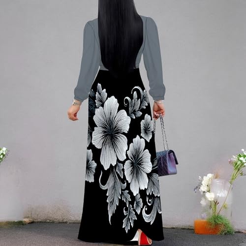 Image of Women's Plus Size Maxi Dresses Long Sleeves V Neck Floral Print Bohemian Swing Long Dress with Belt