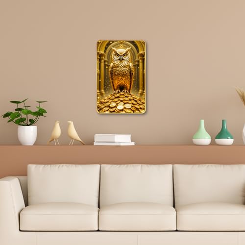 Image of Arkasto Golden Owl Sitting on Coins | Vastu Painting for Wealth & Prosperity | Golden Decorative Owl Wall Decor for Home & Office (Style-03, 12x18 inch)