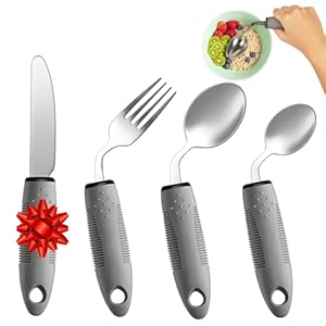 4-delige adaptieve bestekset – 42° hoekbestek voor Parkinson, verzwaarde bestek bij Tremor, ergonomisch zwaar bestek met greepversterking (linkshandig)