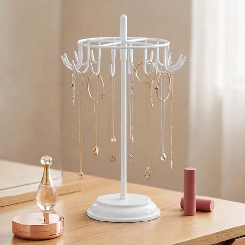 Image of ecofynd Metal Jewelry Organizer Stand with 20 Hooks, 360 Rotating 17-Inch Holder for Earrings, Necklaces, Bracelets & Rings, Space-Saving Display for Vanity, Dressing Table & Home (White, JS012)