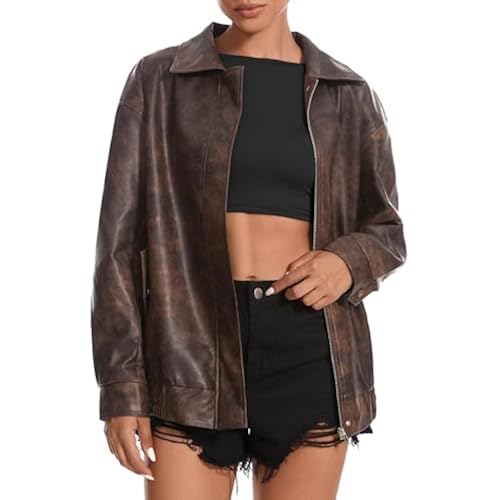 Casly Lamiit Women's Faux Leather Jacket Oversized Motorcycle Zipper Coats