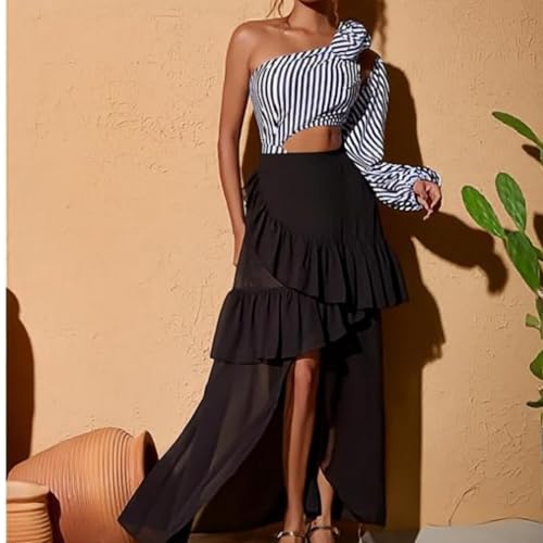 Women's One Piece Swimsuit with Long Cover Up Skirt, Off Shoulder Design with Asymmetric Sleeve & 3D Floral Accent 5