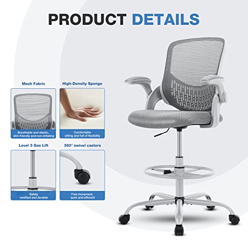 Drafting Chair - Tall Office Chair For Standing Desk Mesh Chair With Mid-Back And Height Adjustable Swivel Chair With Lumbar Support And Flip-Up Armrests For Adults #TOP3
