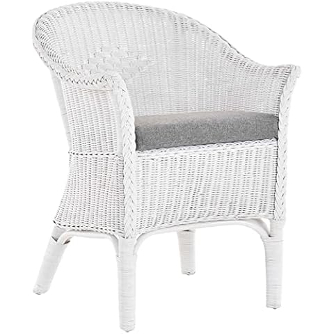 korb.outlet Rattan Chair Natural Rattan Dining Chair Wicker Chair Rattan Chair with Armrests Conservatory Wicker Lounge Chair Country House (White with cushion) Cover