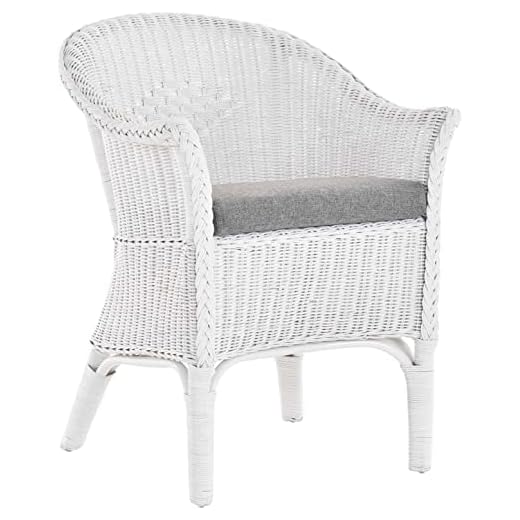 korb.outlet Rattan Dining Chair Natural Rattan Wicker Armrests Conservatory Lounge Chair Country House (White with Cushion)