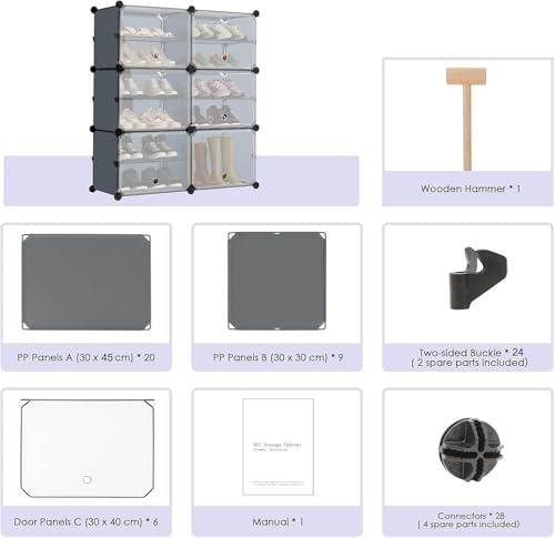 Image of Strassis Design Plastic Shoe Rack for Home | 12 Shelf DIY Shoe Rack with Door Magnets for Home Storage Plastic Box Organizer, Metal Door Frame, Chappal Slipper Sandals Stand (Grey, 6 Door)