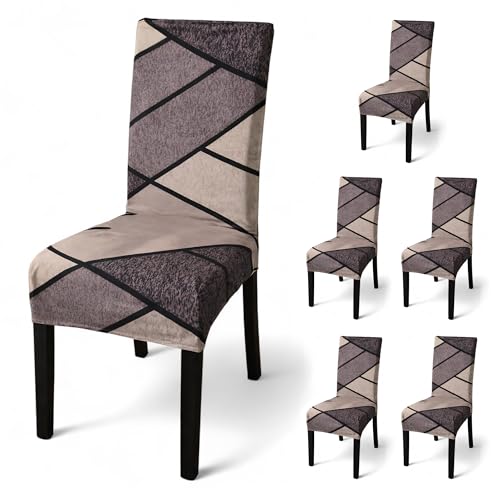 Image of Dining Chair Cover Set of 6, Stretchable Removable Washable Anti-Slip Universal Fit Printed Polyester Spandex Slipcovers (Beige & Mauve Geometric)