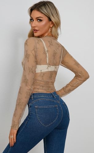 Haut sexy pour femme top en résille transparent hauts en mesh transparent chemise, kaki, M – vue 4