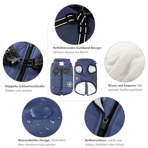 Aiboria Hundejacken für den Winter Winddicht Wasserdicht 2 in 1 Outfit Kaltwettermantel Hundewestengeschirr Welpen Winter Warme Jacke Kleines Blau XXL