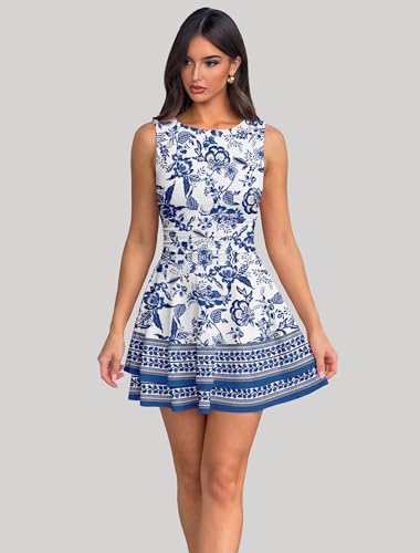 Image of IWD Women's Boat Neck Sleeveless Mini Dress Ruched Waist Flowy Tiered Ruffle Hem A Line Party Short Dresses
