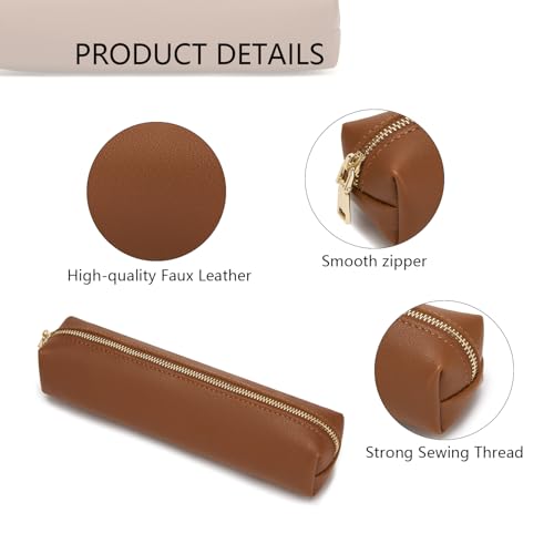 Image of Faux Leather Color Pencil Case Multifuncional and Simple with Zipper for School (Yellow Brown)