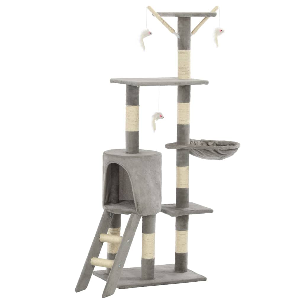 Kratzbaum für Katzen mit Sisalsäulen, Unterschlupf, Ruhezonen und 3 Maus-Spielzeugen – 138 cm Grau