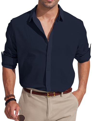 Friptspyg Chemise en Lin Hommes Manches Longues Coton en Lin Chemise D'été de Plage Regular Fit Chemises de Loisirs, Bleu Marine L