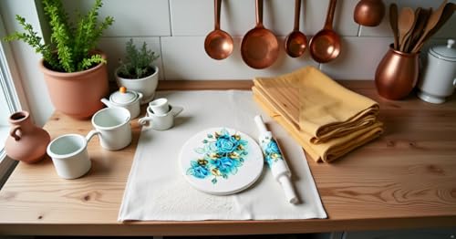 Image of Marble Chakla Belan Set - 25.4 cm Board / 30.5 cm Rolling Pin | Blue Roses Design | Traditional Roti Rolling Board and Pin Set | Smooth Finish Kitchen Tool for Chapati, Paratha & Puri
