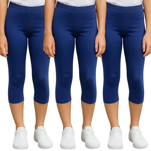 Leggings 3/4 fille bleu marine lot de 3 corsaires coton extensible 12-13 ans
