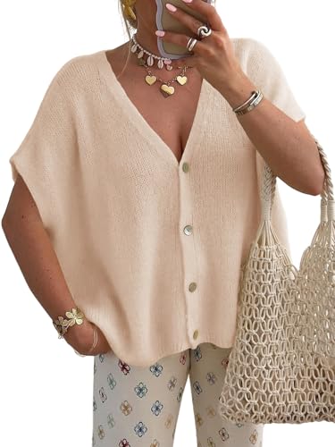 Image of Saodimallsu Womens Summer Oversized Cardigans Batwing Short Sleeve Lightweight Button V Neck Casual Knit Sweater Tops