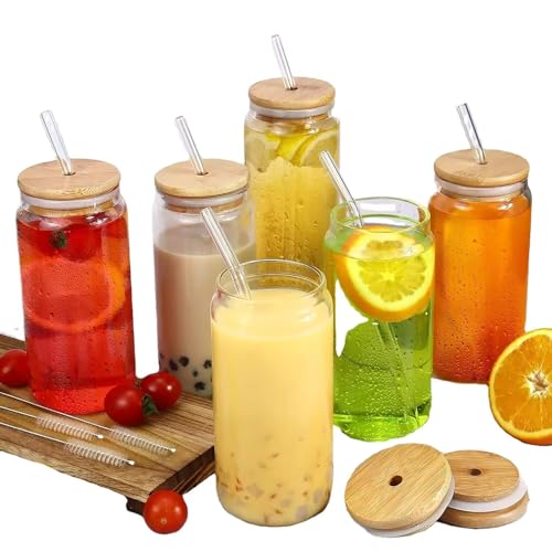 Image of ANKUL Water Soda Drinking Glass Sipper Tumbler Cup for Tea and Coffee Can Mug with Wooden Lid and Straw Set of 2-510ml for Fruit Juice Milk Glass Sipper Tumbler Cup (Round Mug Wooden Lid, 2)