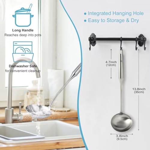 Soup Ladle - Stainless Steel Ladle Spoon，13.8\" Large Durable Metal Ladel for Serving or Cooking, Stirring, Wok & Soup, Professional Heavy Duty kitchen Utensils [Heat Resistance, Integral Forming] - Thumbnail 4