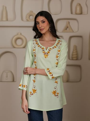 Image of QAZMI Women Kashmiri Aari Embroidered A-Line Viscose Rayon Short Kurti with Full Sleeves