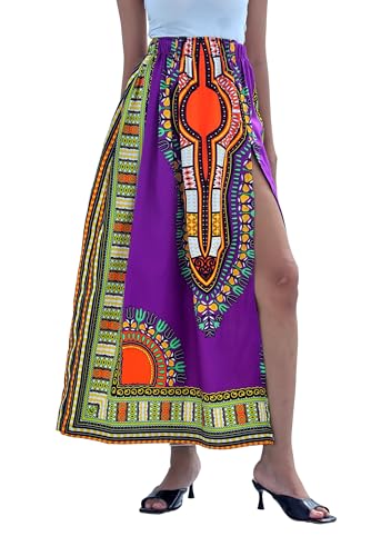 DA'IKI African High Slit Dashiki Art Elastic Waist Kente Ankara Dance Skirt Wax Cotton