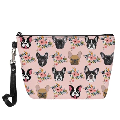 Mumeson Bolsa feminina de couro trapézio com estampa de buldogue e flor Boston, rosa