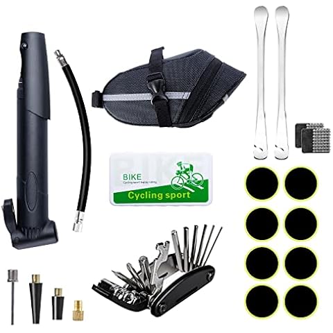 Bike Tool Kit, Bicycle Puncture Repair Kit, Bike Accessories with 16 in 1 Bike Multi Tool, Bicycle Pump, Tire Levers, Saddle Bag, Tire Patch Kit for Mountain Bike and Road Bike, Cycling Gifts for Men Cover
