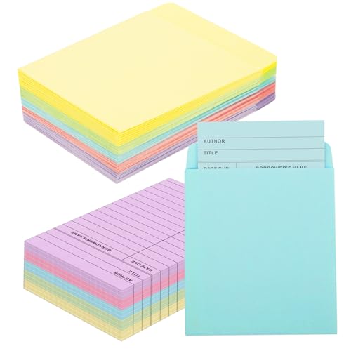 100 Pieces Colorful Library Pockets and Cards, 5 Colors Library Check out Cards Library Card Pocket Self Adhesive Library Card Pocket Envelopes for School Office Public Library Books (Pastel)