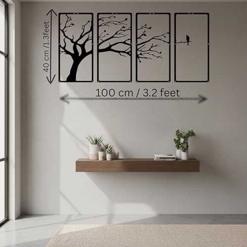 Image of Trocshop Modern 4-Piece Tree Wall Art Panel Set | Branch & Birds Design | MDF Wooden Wall Hanging | 3D Matte Finish | Items For Living Room /Bedroom /Drawing Room /Dining Room | 40x22 cm Each - Black