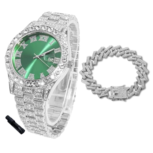 Montre Diamants Iced Out HALUKAKAH en or 18k avec cadran vert 42mm pour garçons