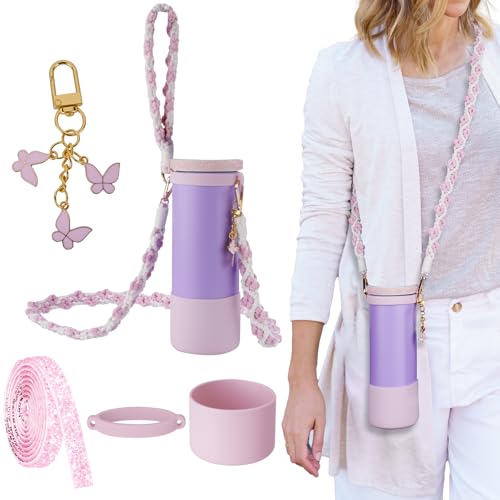 NiHome Accessory Set Compatible with Owala FreeSip 32oz Water Bottle, Includes Hand-Woven Strap, Silicone Ring, Glitter Protective Boot Sleeve, and Straw Plug, Non-Slip Anti-Scratch Base, Pink