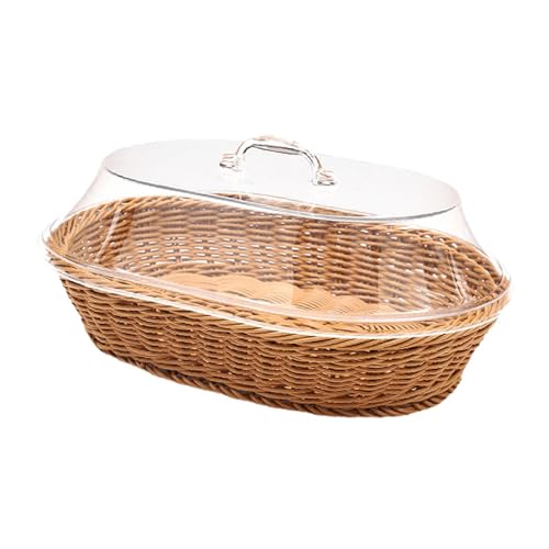 Folpus Woven Bread Basket with Lid Imitation Rattan Woven Fruit Basket Poly Wicker Basket Oval Bread Basket Food Serving Basket Drainage Basket for Farmhouse Cafes Kitchen, 30cmx40cm