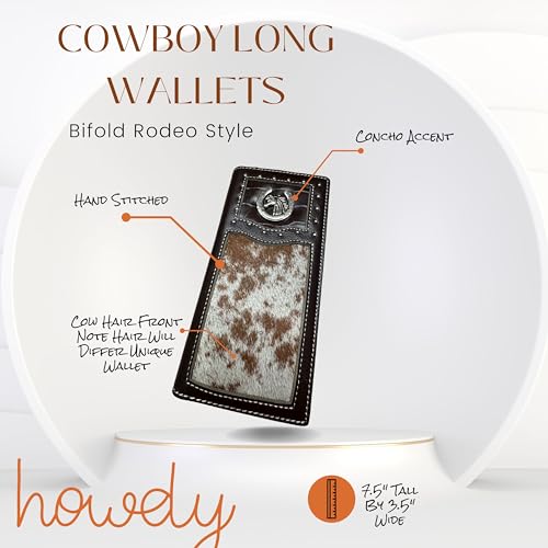 Men’s Long Leather Wallet – Hand Tooled Brown Rodeo Bifold with Hair-On Cowhide and Horse Horseshoe Concho – Western Checkbook Wallet for Cowboys & Equestrian Gifts4