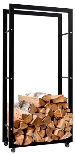 CLP Soporte para Madera Keri con Ruedas I Estante metálico & movil para almacenar la Madera I Leñero Moderno de Interior, Color:Negro, Tamaño:25x60x125 cm