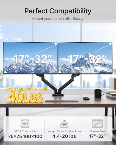 Image of monTEK Dual Monitor Arm for 17-32 inch Flat /Curved Screen up to 19.8 lbs | Mechanical Spring, Full Motion Dual Monitor Mount, Height Adjustable, Alloy Steel, Easy Assembly, Clamp /Grommet, VESA 75 /100