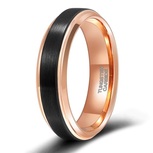 Alliances vintage acier tungstène 6mm bicolore, bague homme et femme noir et or rose 57
