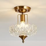 UOFUS Vintage Gold Semi Flush Mount Ceiling Light Fixture with Clear Glass Shade Antique Brass Small Chandelier Flower Close to Ceiling Light for Hallway Entryway Bedroom Porch Foyer Corridor Kitchen