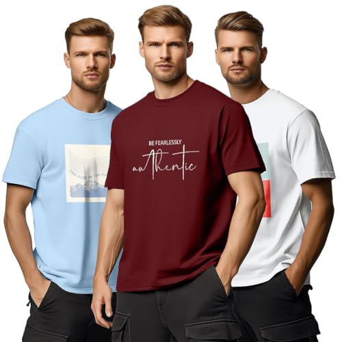 Image of Nobero 100% Cotton Tshirts for Men Combo Pack of 3 | Regular Fit | Printed | Round Neck Half Sleeve