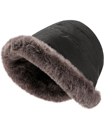 Molans Winter Furry Bucket Hat for Women — Velvet Thickened Rolled Brim Faux Fur Cloche Hat Foldable Soft Cap with Lining（Black）