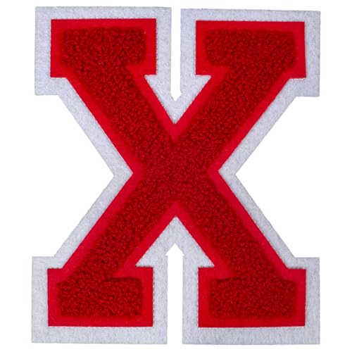 1 PCS 6 Inch Red Chenille Letters Patches - Iron On Varsity Alphabet, Large Letters for Clothing, Backpacks, Hats, Jeans with White Border (X)