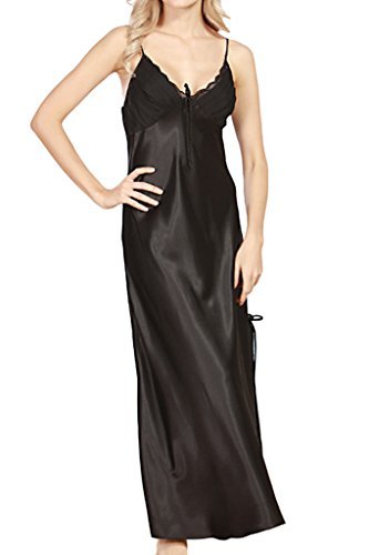 ASHER FASHION Women's Sexy Satin Long Nightgown Lace Slip Lingerie Chemise Robes Black US 0-2 = Tag S