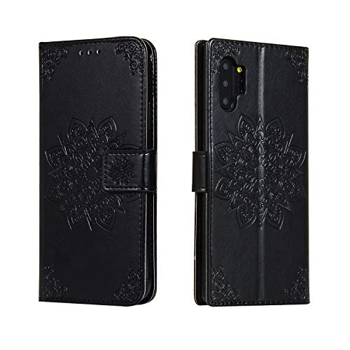 Shukukan Phone Cover Note 10 Flower Embossed Wallet Case PU Leather Folio Stand Flip Magnetic Protective Holster with Wrist Strap Card Holders for Samsung Galaxy Note 10+ Black