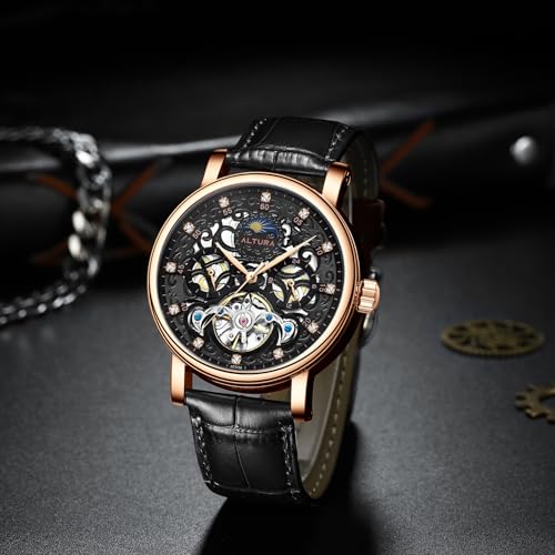 Image of ALTURA Celestial Series Automatic Skeleton Analog Watch For Men|3D Hollow Dial,Diamond Embellishment,Day /Night Subdial,Flywheel,Transparent Back,Leather Strap|Gift For Men
