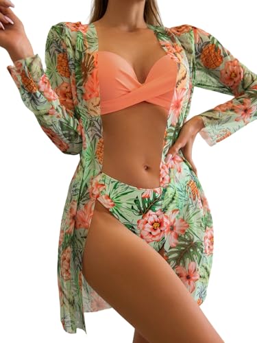 CUTEMOOT Trajes de baño de 3 piezas para mujer, conjunto de bikini tropical push up, trajes de baño de manga larga con kimono, Naranja, M
