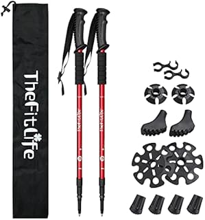 TheFitLife Nordic Walking Trekking Poles - 2 Packs with Antishock and Quick Lock System, Telescopic, Collapsible, Ultralight for Hiking, Camping, Mountaining, Backpacking, Walking, Trekking (Red)
