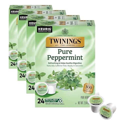 Image of Twinings Pure Peppermint Herbal Tea K-Cup Pods for Keurig, 24 Count (Pack of 4), Made with 100% Pure Peppermint, Naturally Caffeine-Free, Enjoy Hot or Iced