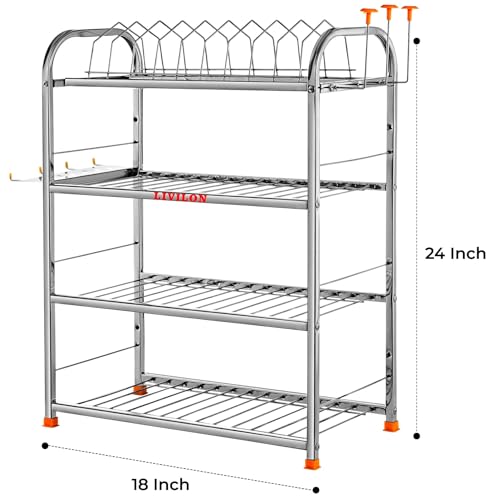 Image of L LIVILON 4 Layer Wall Mount Kitchen Utensils Dish Rack | Stainless Steel Stand | Dish Stand /Holder | Kitchen Organizer | Utensils Rack with Plate (24 * 18), Tiered Shelf