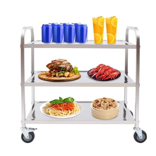 Carro de Servicio de Acero Inoxidable 3 Niveles 150kg Carrito Cocina Carrito té Camarera con Frenos3 estantes, con ruedas, carrito de cocina de acero inoxidable, for restaurantes, bibliotecas,(75x40x8